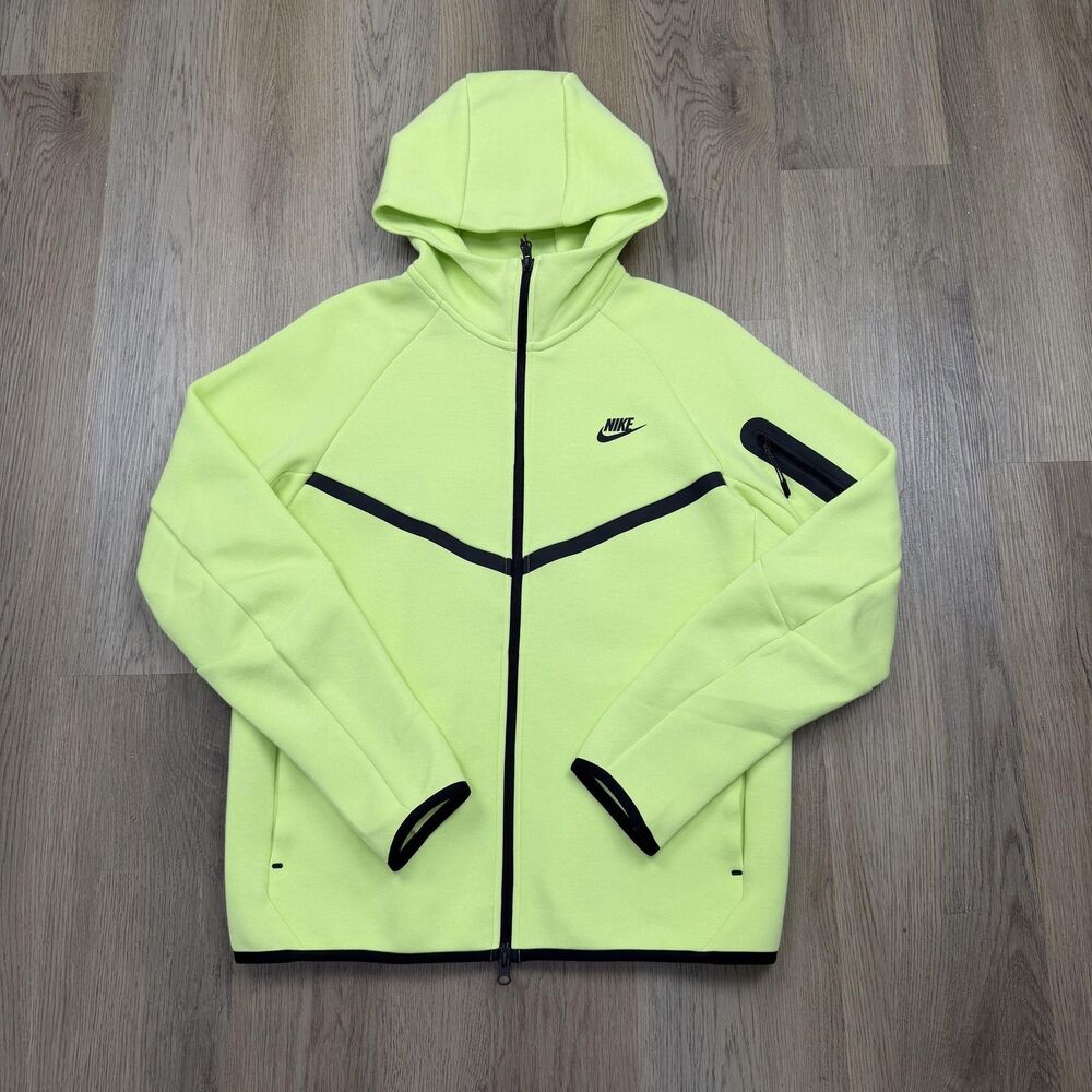 Nike Hoodie Mens Medium Neon Volt Yellow Tech Fleece Full Zip Jacket Hooded - Picture 1 of 11